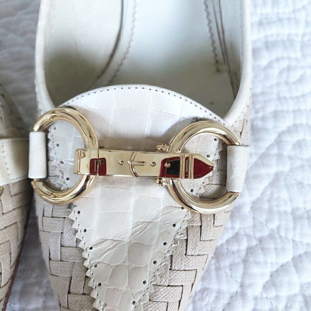 Casadei Beige Woven Leather Gold Horse Bit Heels - Picture 5 of 12